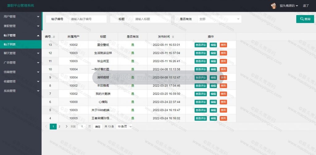 后台- 帖子列表