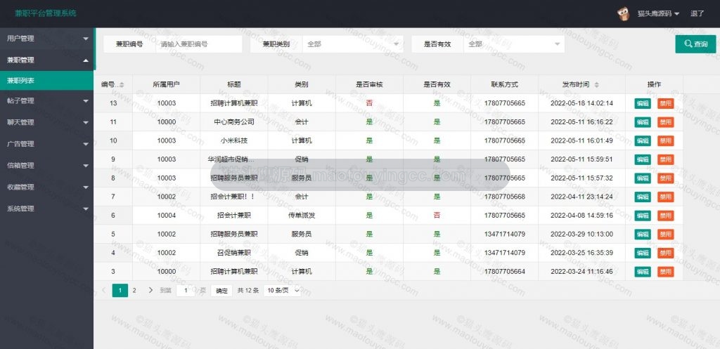 后台- 兼职列表